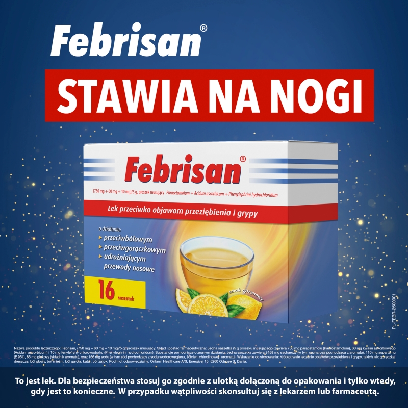 Febrisan, proszek musujący na objawy przeziębienia i grypy, 16 sasz.