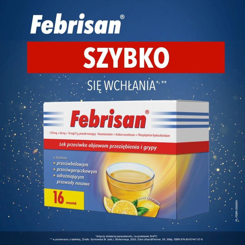 Febrisan, proszek musujący na objawy przeziębienia i grypy, 16 sasz.