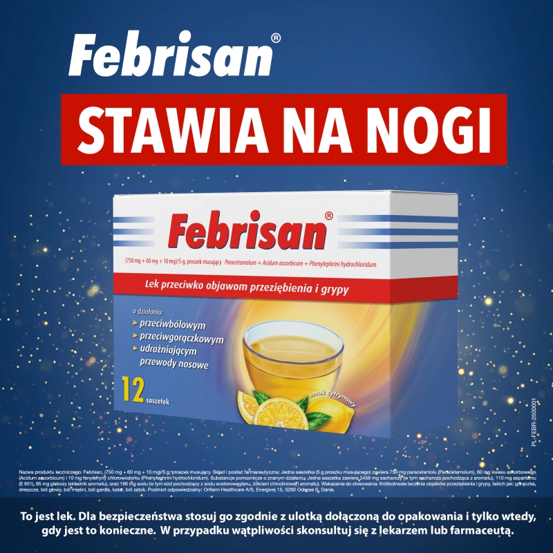 Febrisan, proszek musujący na objawy przeziębienia i grypy, 12 sasz. po 5 g