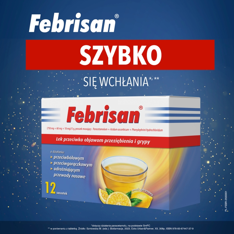 Febrisan, proszek musujący na objawy przeziębienia i grypy, 12 sasz. po 5 g