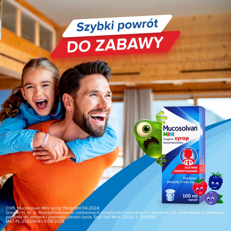 Mucosolvan Mini, syrop wykrztuśny, rozrzedzający wydzielinę dla dzieci, butelka 100 ml