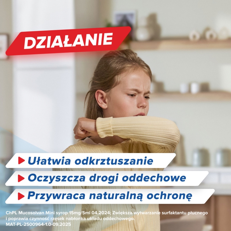 Mucosolvan Mini, syrop wykrztuśny, rozrzedzający wydzielinę dla dzieci, butelka 100 ml