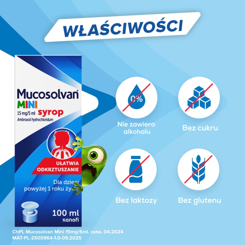 Mucosolvan Mini, syrop wykrztuśny, rozrzedzający wydzielinę dla dzieci, butelka 100 ml
