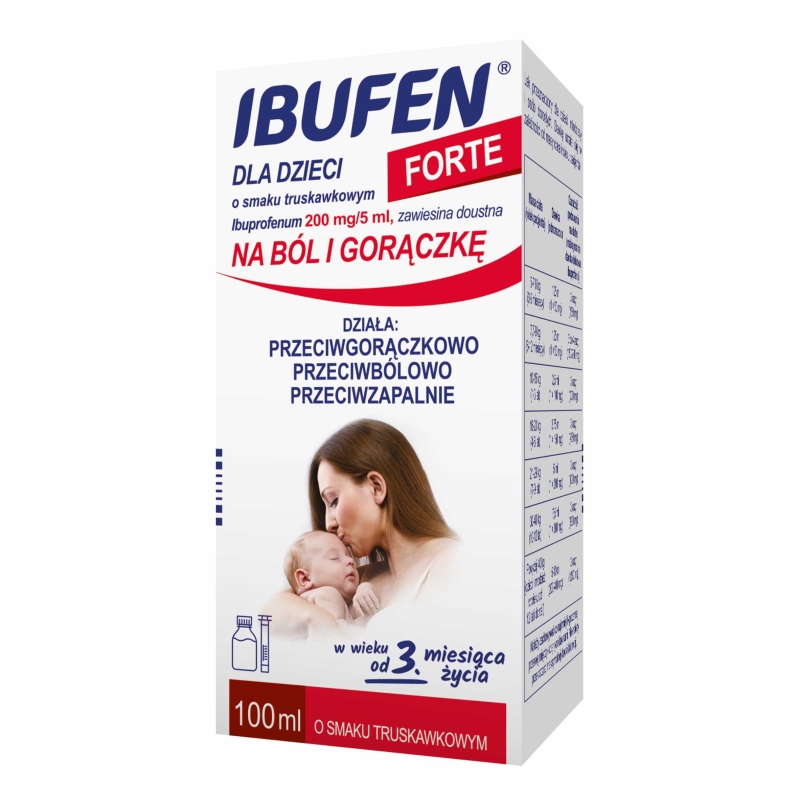 Ibufen dla dzieci Forte, przeciwbólowy o smaku truskawkowym, butelka 100 ml