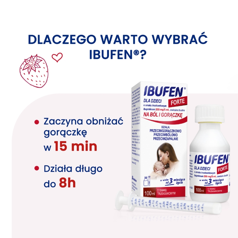 Ibufen dla dzieci Forte, przeciwbólowy o smaku truskawkowym, butelka 100 ml