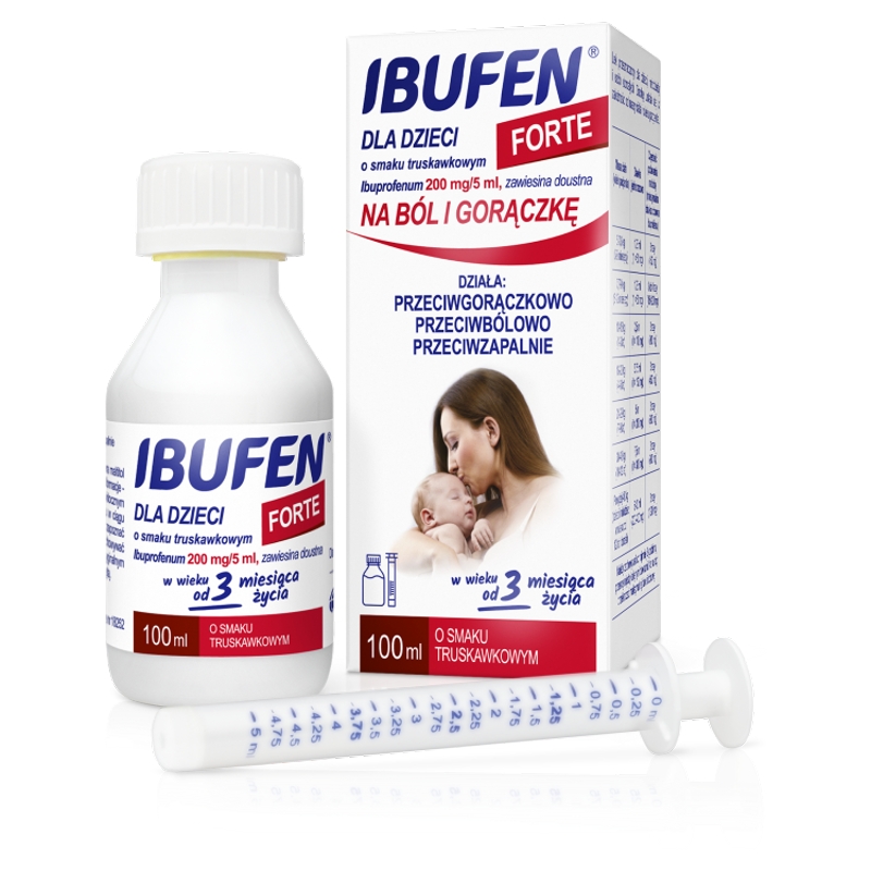 Ibufen dla dzieci Forte, przeciwbólowy o smaku truskawkowym, butelka 100 ml