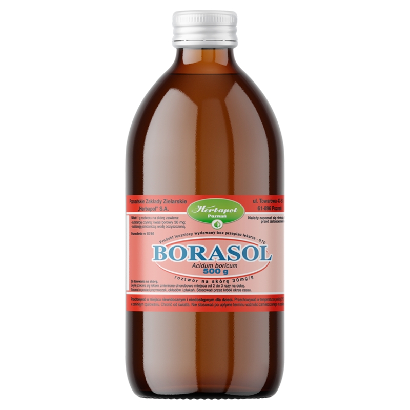 Borasol roztwór odkażający skórę w stanach zapalnych stłuczeniach i obrzękach, butelka 500 g