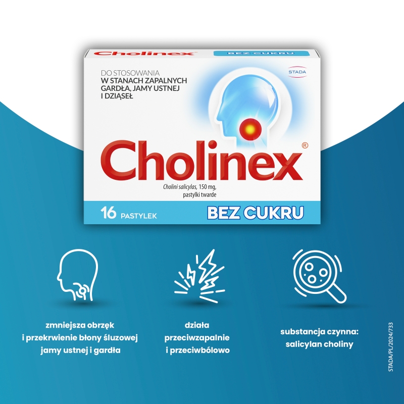 Cholinex, pastylki w stanach zapalnych gardła i jamy ustnej bez cukru, 16 szt.