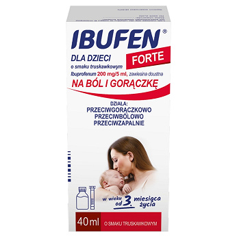 Ibufen dla dzieci Forte , przeciwbólowy przeciwgorączkowy i przeciwzapalny o smaku truskawkowym, butelka 40 ml