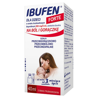 Ibufen dla dzieci Forte , przeciwbólowy przeciwgorączkowy i przeciwzapalny o smaku truskawkowym, butelka 40 ml