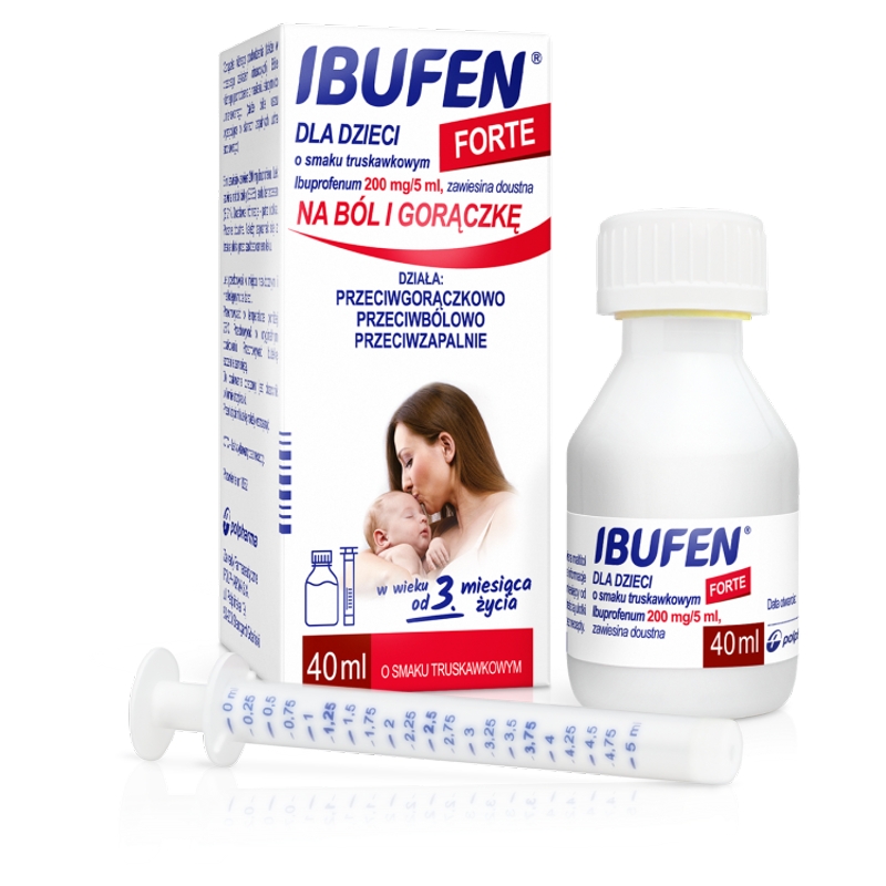 Ibufen dla dzieci Forte , przeciwbólowy przeciwgorączkowy i przeciwzapalny o smaku truskawkowym, butelka 40 ml