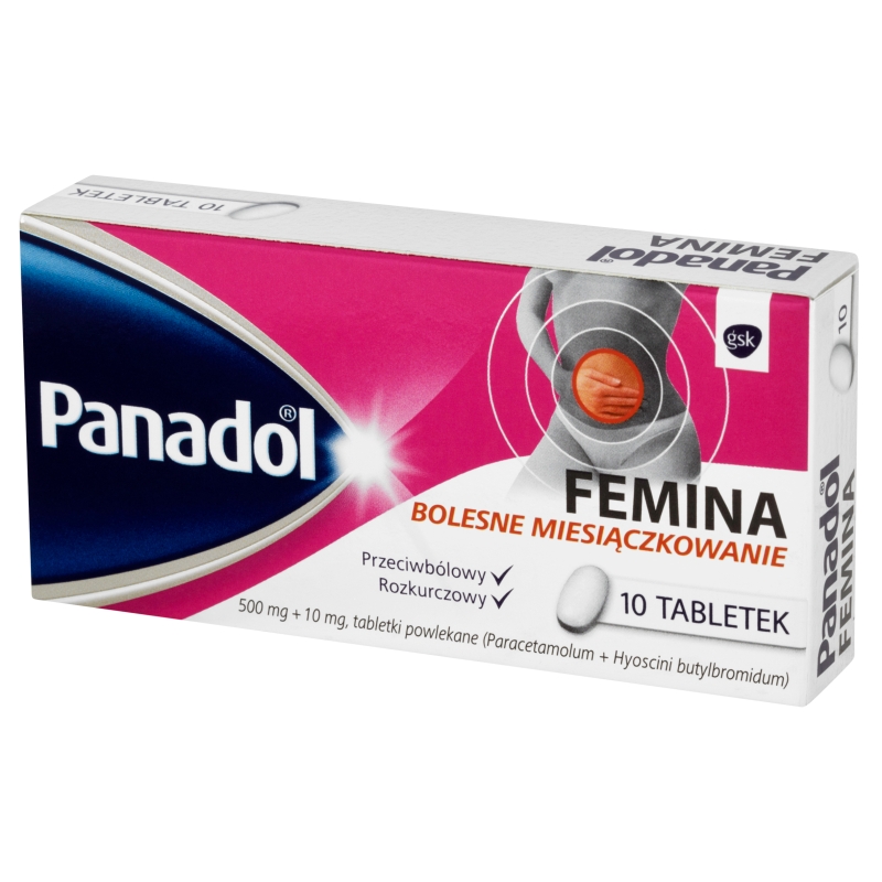 Panadol Femina, tabletki przeciwbólowe, rozkurczowe na ból miesiączkowy, 10 szt.