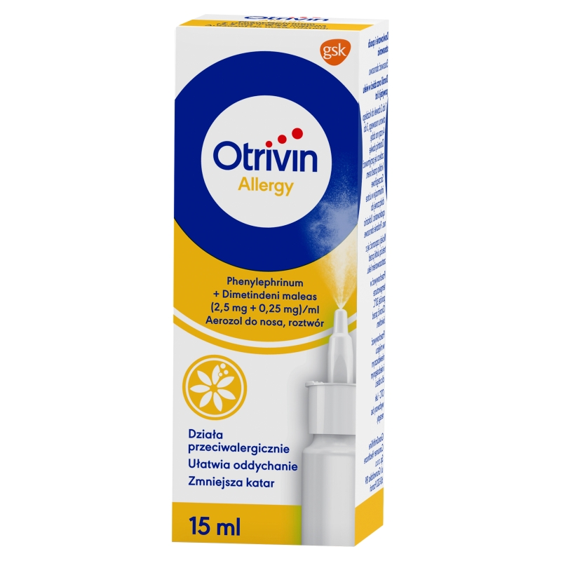 Otrivin ALLERGY, aerozol do nosa ułatwiający oddychanie i zmniejszający katar, butelka 15 ml