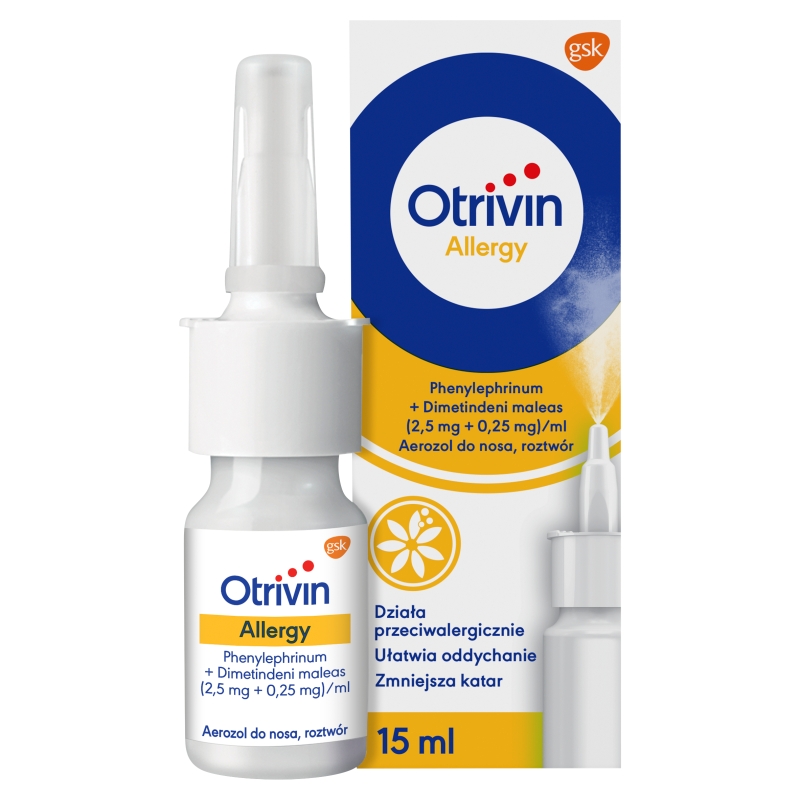 Otrivin ALLERGY, aerozol do nosa ułatwiający oddychanie i zmniejszający katar, butelka 15 ml
