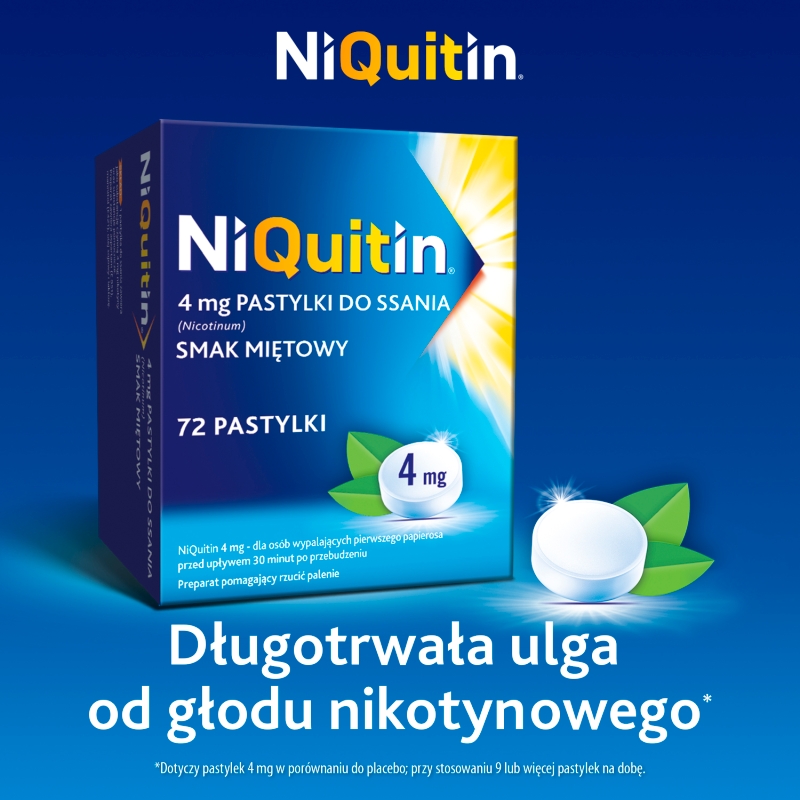 NiQuitin, pastylki do ssania pomagające rzucić palenie o smaku miętowym, 72 szt.