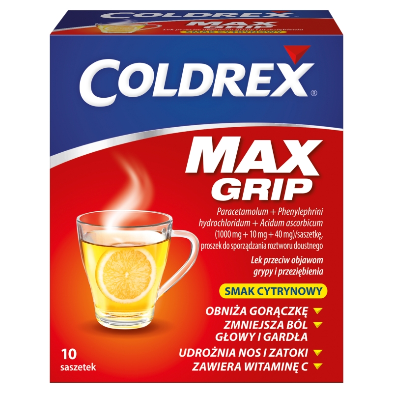 Coldrex MaxGrip proszek na objawy przeziębienia i grypy o smaku cytrynowym, 10 sasz.