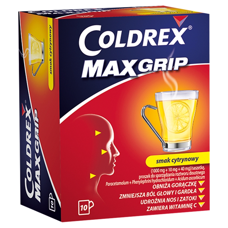 Coldrex MaxGrip, proszek na objawy przeziębienia i grypy o smaku cytrynowym, 10 sasz.
