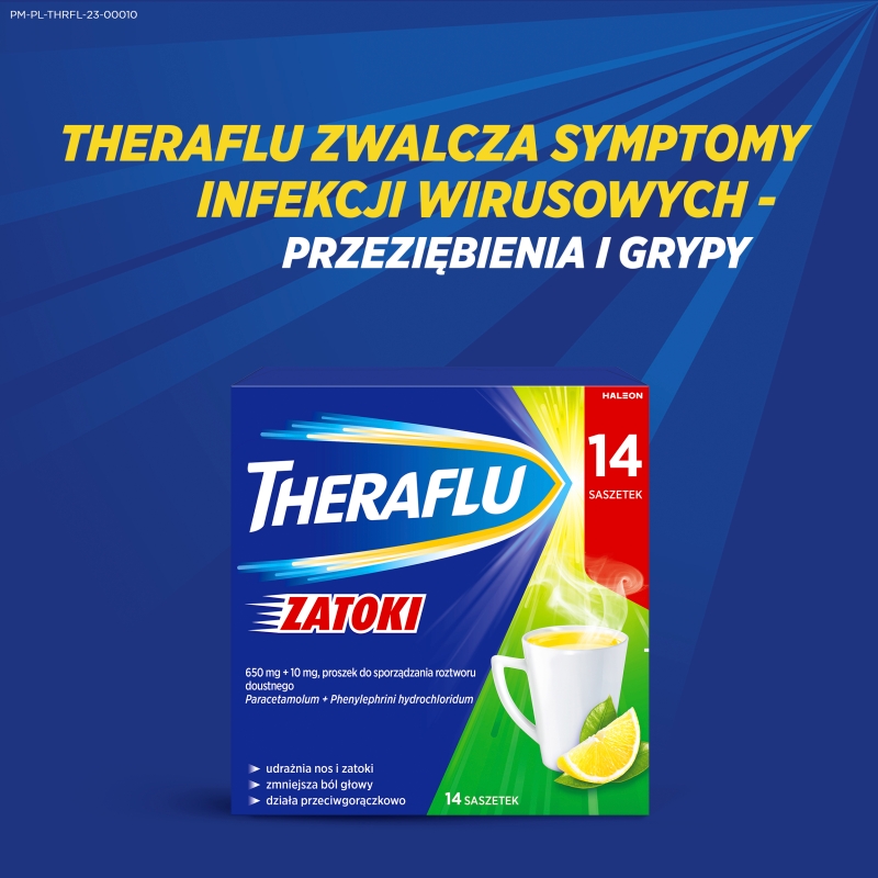 Theraflu Zatoki, proszek udrażniający nos i zatoki, przeciwgorączkowy, 14 sasz.