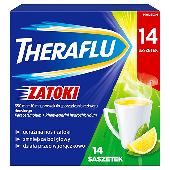 Theraflu Zatoki, proszek udrażniający nos i zatoki, przeciwgorączkowy, 14 sasz.