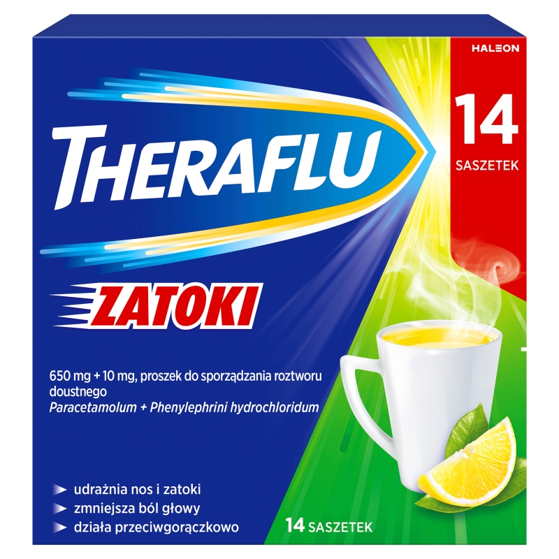 Theraflu Zatoki proszek udrażniający nos i zatoki, przeciwgorączkowy, 14 sasz.