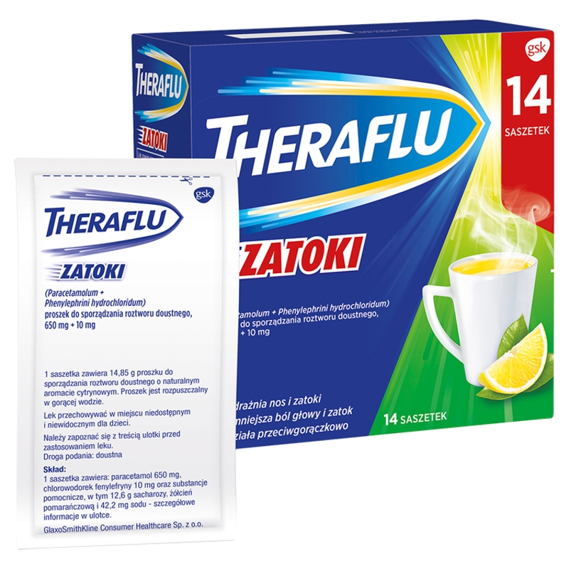 Theraflu Zatoki, proszek udrażniający nos i zatoki, przeciwgorączkowy, 14 sasz.