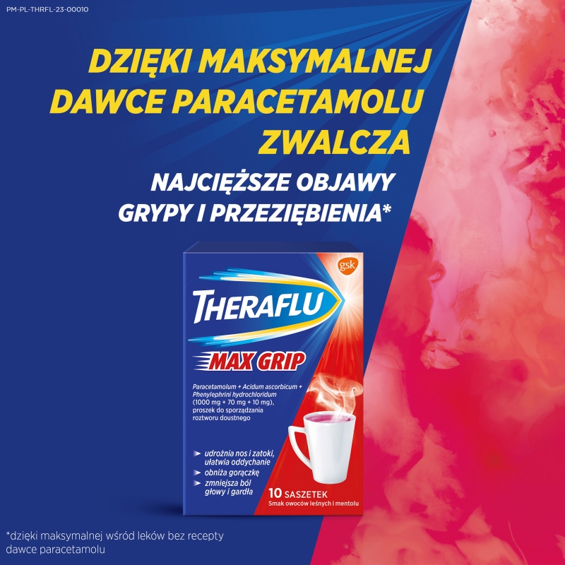 Theraflu Max Grip, proszek na objawy przeziębienia i grypy o smaku owoców leśnych, 10 sasz.