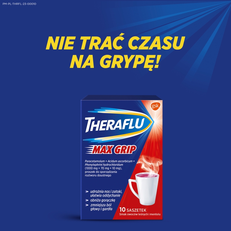 Theraflu Max Grip, proszek na objawy przeziębienia i grypy o smaku owoców leśnych, 10 sasz.
