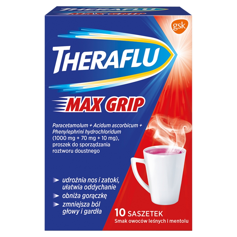 Theraflu Max Grip, proszek na objawy przeziębienia i grypy o smaku owoców leśnych, 10 sasz.