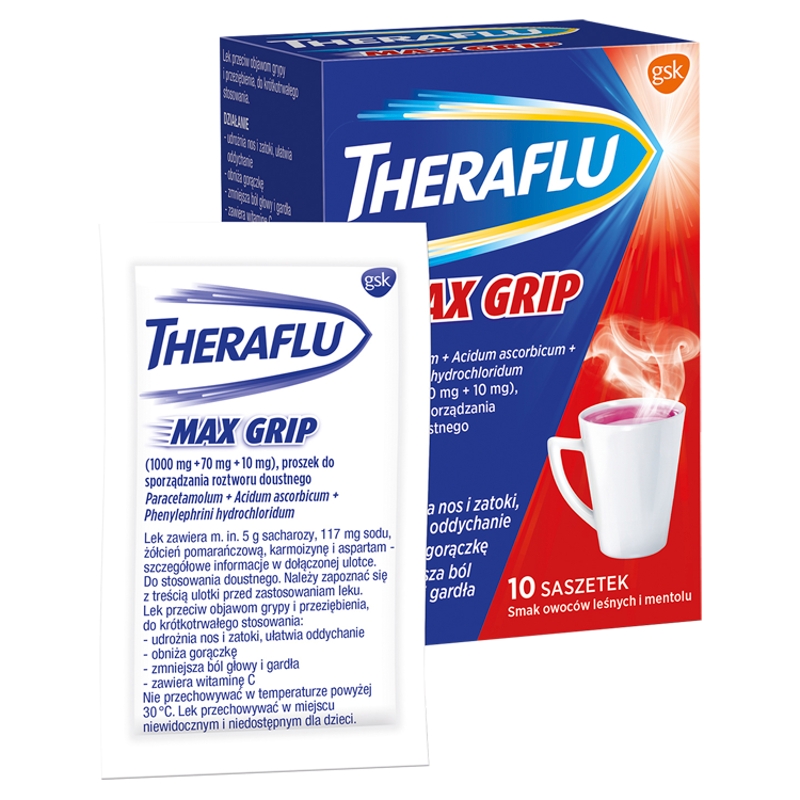 Theraflu Max Grip, proszek na objawy przeziębienia i grypy o smaku owoców leśnych, 10 sasz.