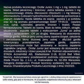 Orofar Junior, tabletki łagodzące ból gardła o działaniu przeciwbólowym oraz przeciwbakteryjnym, 24 szt.