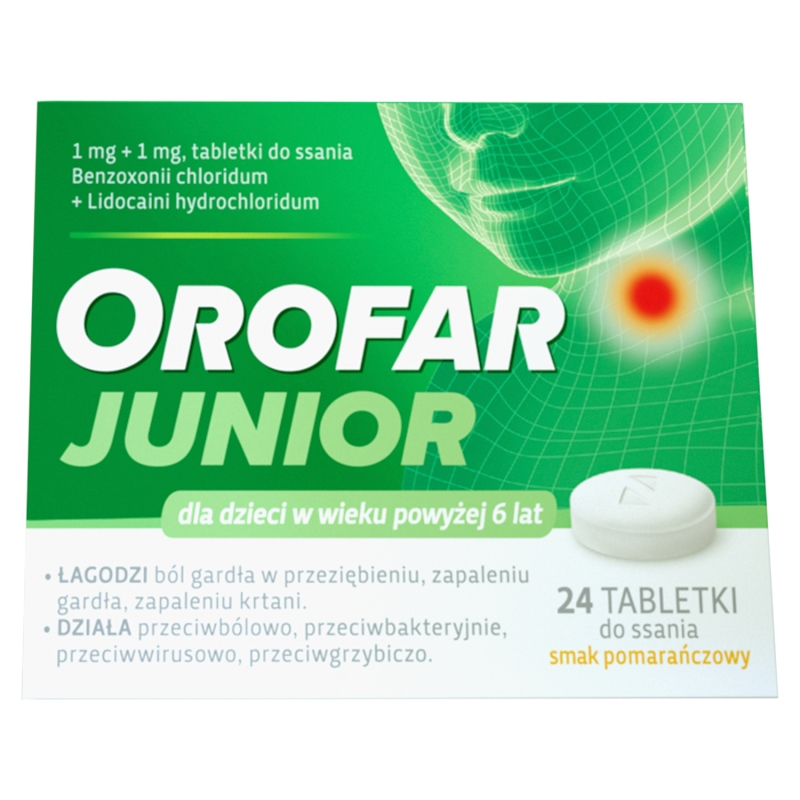 Orofar Junior tabletki łagodzące ból gardła o działaniu przeciwbólowym oraz przeciwbakteryjnym, 24 szt.