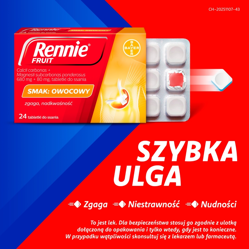 Rennie Fruit  tabletki na zgagę i niestrawność o smaku owocowym, 24 szt.
