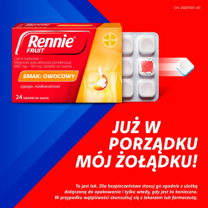 Rennie Fruit , tabletki na zgagę i niestrawność o smaku owocowym, 24 szt.