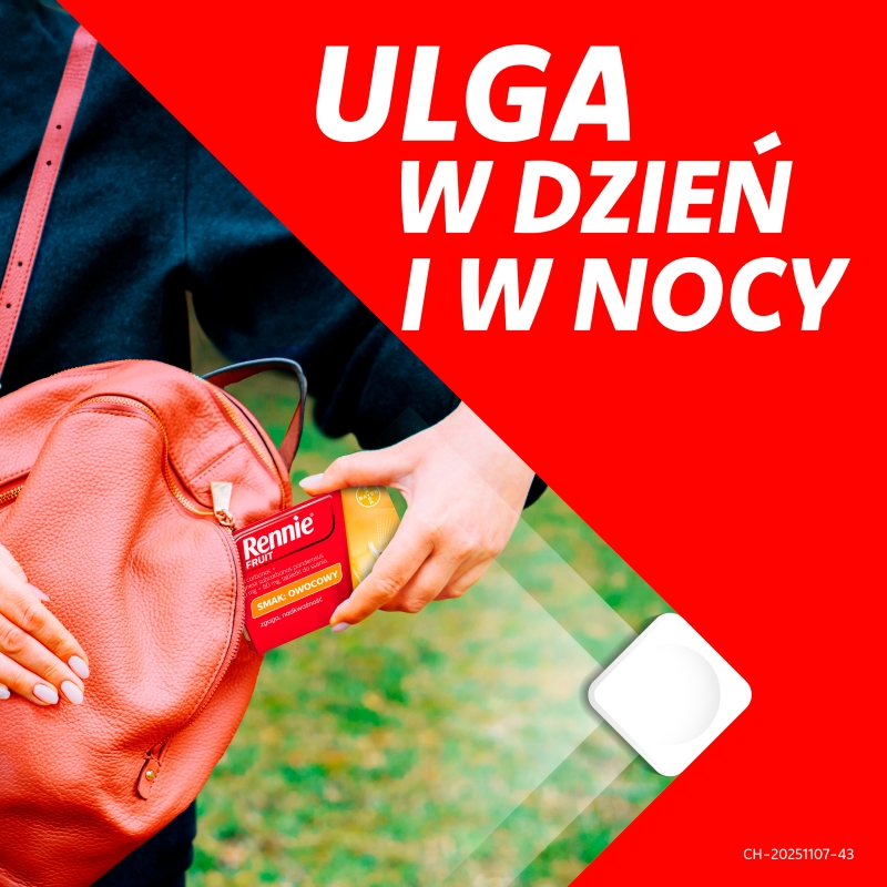 Rennie Fruit , tabletki na zgagę i niestrawność o smaku owocowym, 24 szt.
