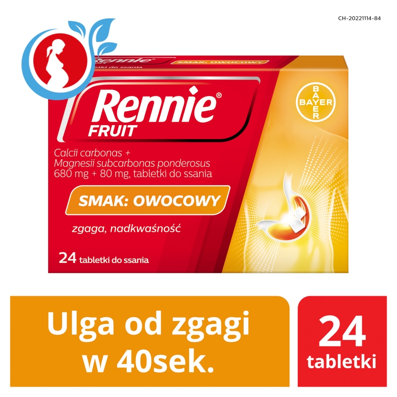 Rennie Fruit , tabletki na zgagę i niestrawność o smaku owocowym, 24 szt.