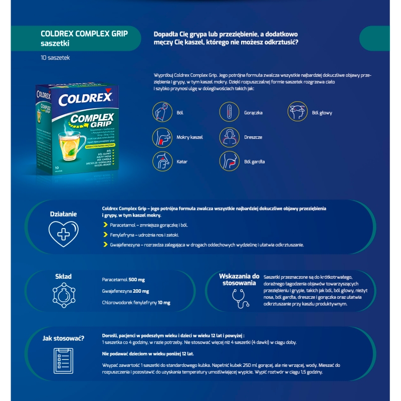 Coldrex Complex Grip, proszek o smaku cytrynowo miętowym, 10 sasz.