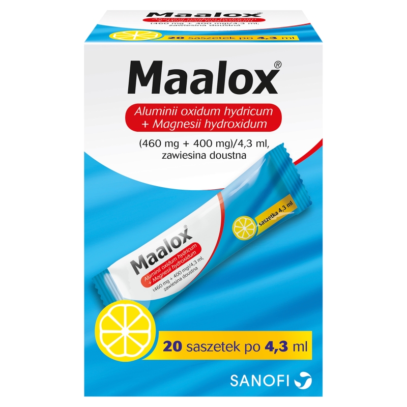 Maalox, saszetki na zgagę, niestrawność, 20 szt.
