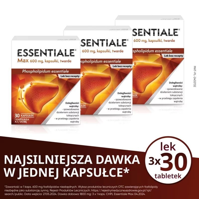 Essentiale Max, kapsułki roślinne na choroby wątroby, 30 szt.