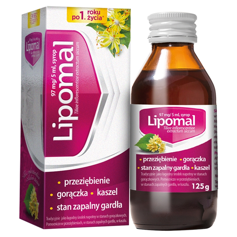 Lipomal, syrop na przeziębienie, gorączkę i stany zapalne gardła, butelka 125 ml