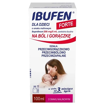 Ibufen dla dzieci Forte, syrop o działaniu przeciwbólowym i przeciwgorączkowym dla dzieci o smaku malinowym, 100 ml