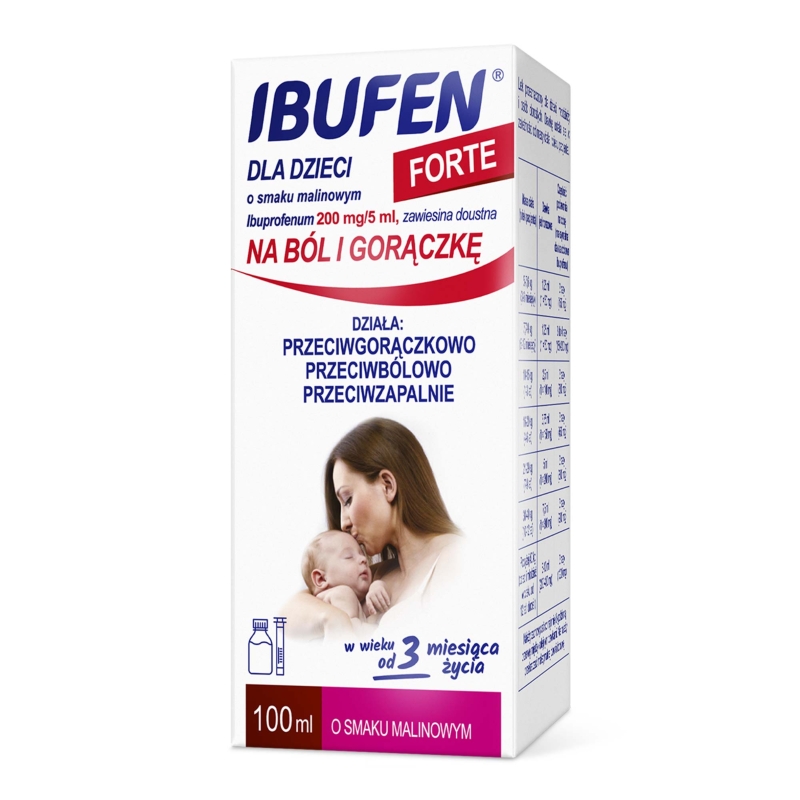 Ibufen dla dzieci Forte, syrop o działaniu przeciwbólowym i przeciwgorączkowym dla dzieci o smaku malinowym, 100 ml