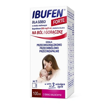 Ibufen dla dzieci Forte, syrop o działaniu przeciwbólowym i przeciwgorączkowym dla dzieci o smaku malinowym, 100 ml