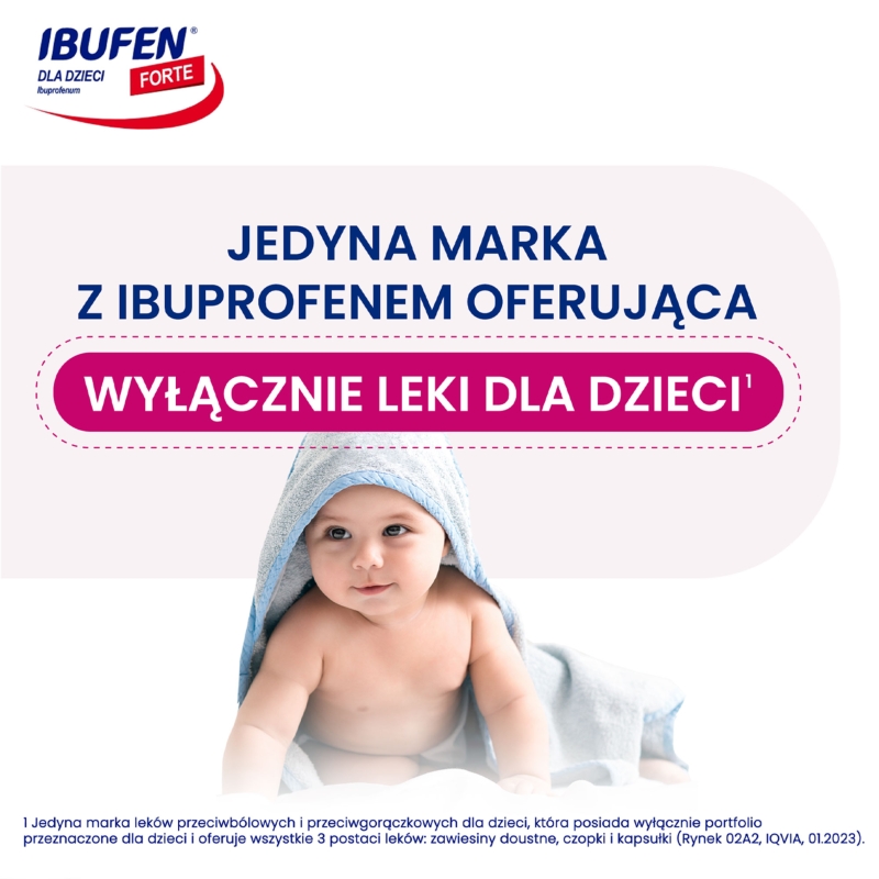Ibufen dla dzieci Forte, syrop o działaniu przeciwbólowym i przeciwgorączkowym dla dzieci o smaku malinowym, 100 ml
