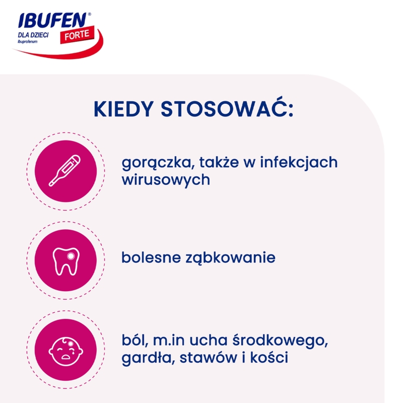 Ibufen dla dzieci Forte, syrop o działaniu przeciwbólowym i przeciwgorączkowym dla dzieci o smaku malinowym, 100 ml