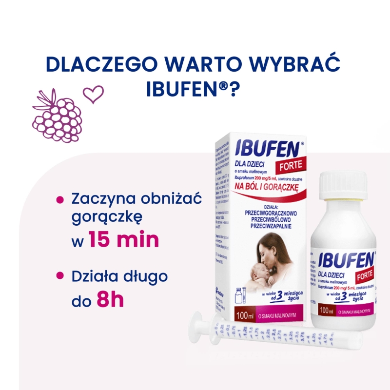 Ibufen dla dzieci Forte, syrop o działaniu przeciwbólowym i przeciwgorączkowym dla dzieci o smaku malinowym, 100 ml
