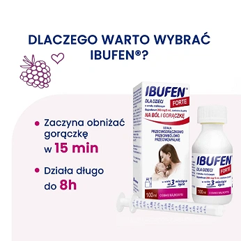 Ibufen dla dzieci Forte, syrop o działaniu przeciwbólowym i przeciwgorączkowym dla dzieci o smaku malinowym, 100 ml