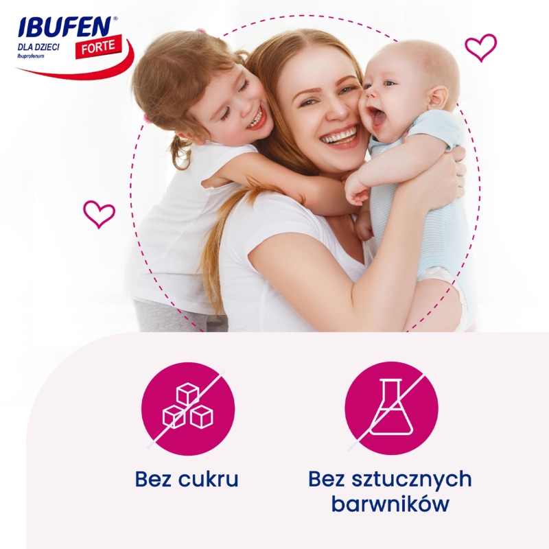 Ibufen dla dzieci Forte, syrop o działaniu przeciwbólowym i przeciwgorączkowym dla dzieci o smaku malinowym, 100 ml