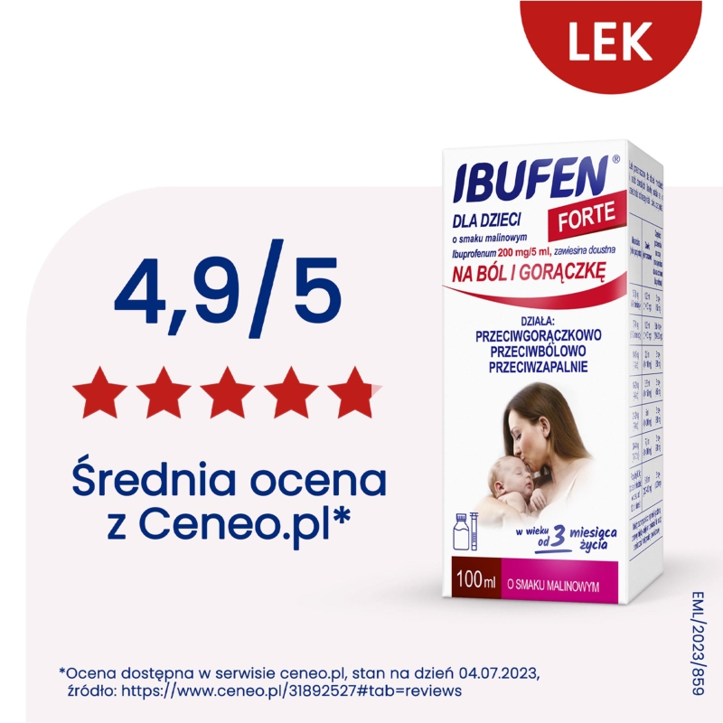 Ibufen dla dzieci Forte, syrop o działaniu przeciwbólowym i przeciwgorączkowym dla dzieci o smaku malinowym, 100 ml
