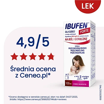 Ibufen dla dzieci Forte, syrop o działaniu przeciwbólowym i przeciwgorączkowym dla dzieci o smaku malinowym, 100 ml