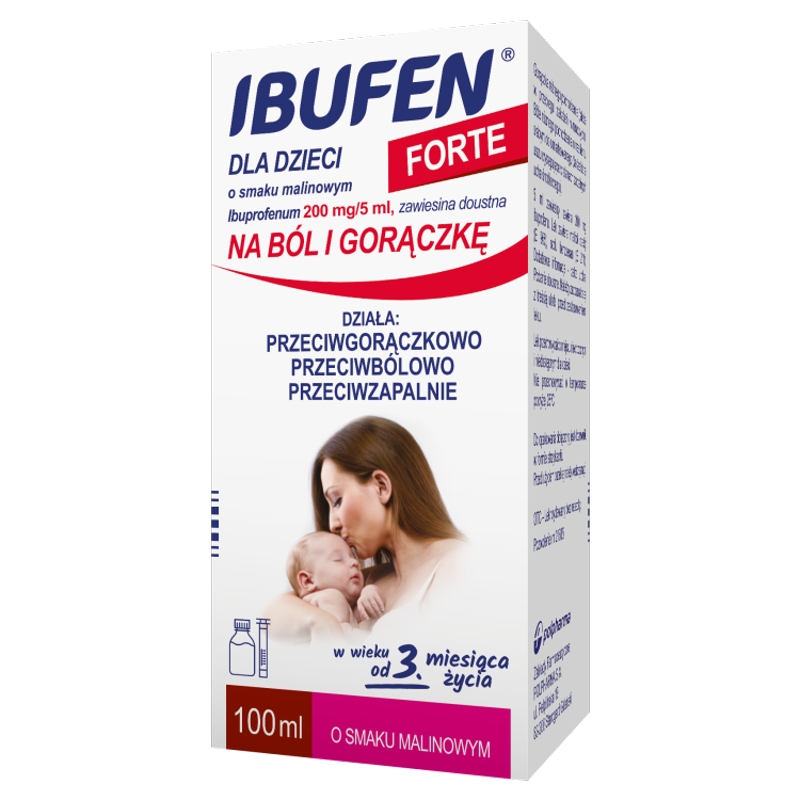 Ibufen dla dzieci Forte syrop o działaniu przeciwbólowym i przeciwgorączkowym dla dzieci o smaku malinowym, 100 ml